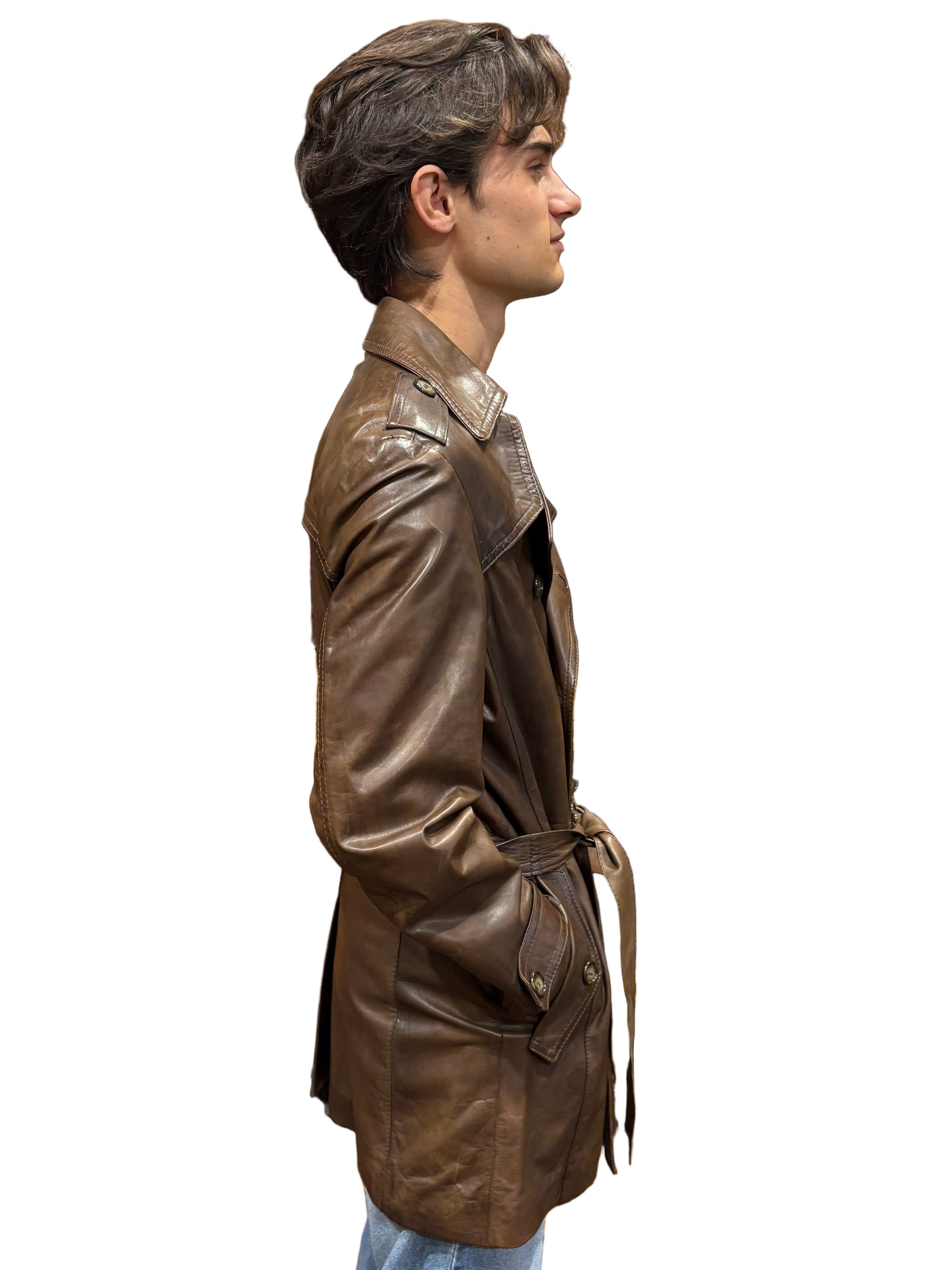 Men's leather trench coat, hand-stamped, Allegrini leather goods, Tuscany, dark brown