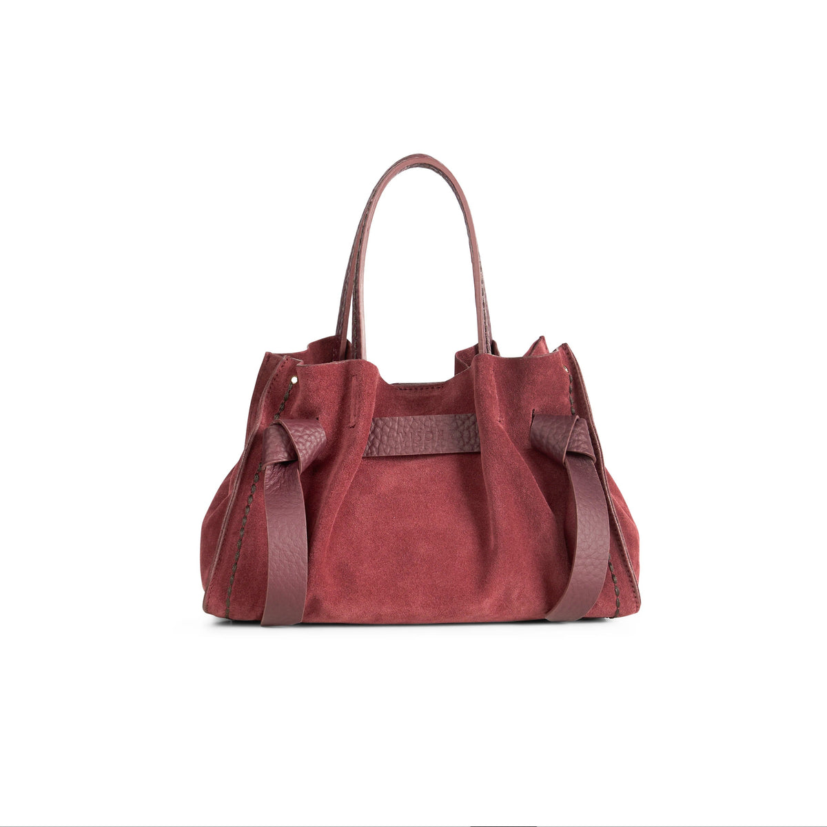 Borsa a mano di piccole-medie dimensioni con fiocchetti in pelle regolabili e tasca interna con zip. 100% Made in Italy.
