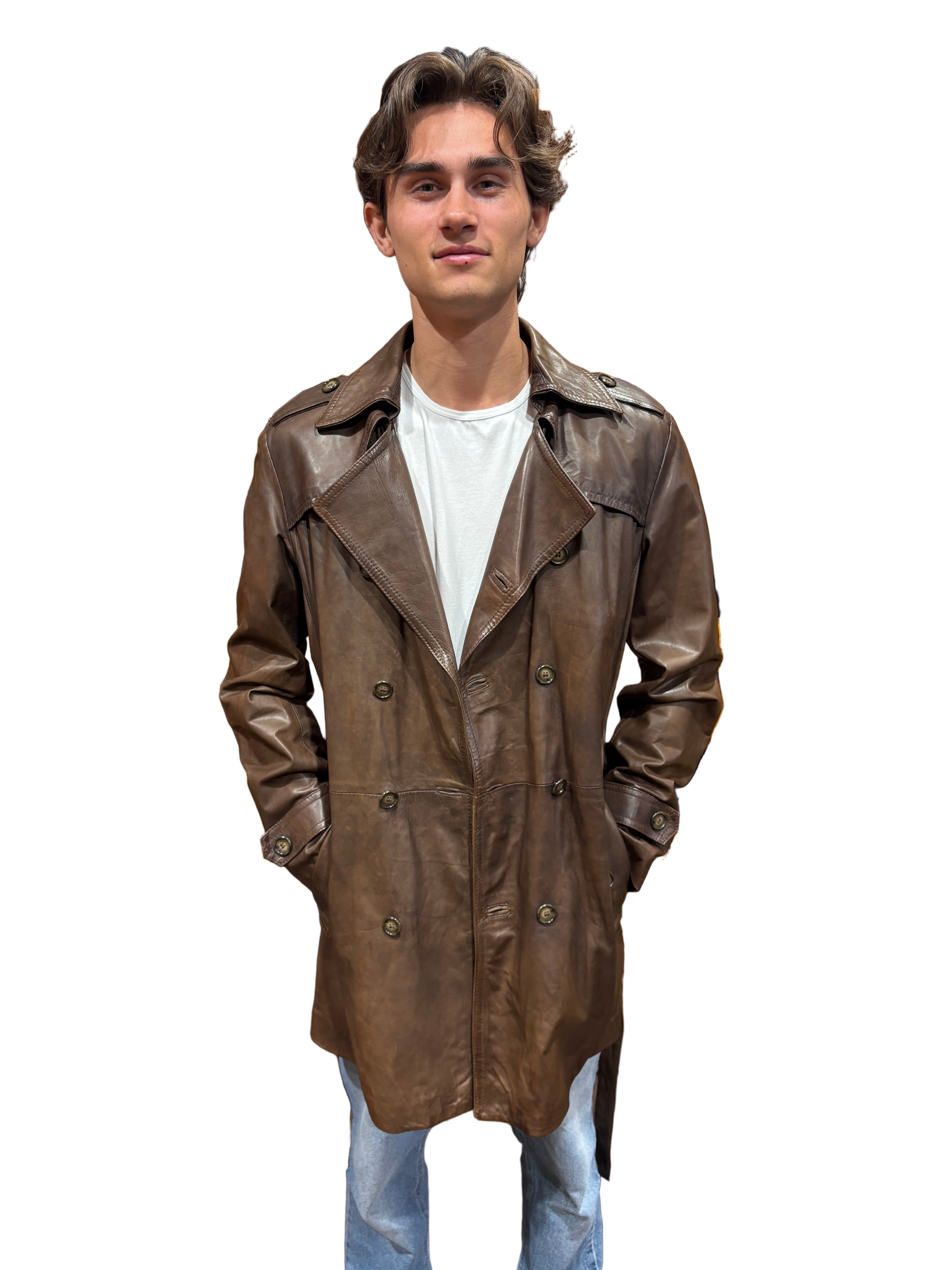 Men's leather trench coat, hand-stamped, Allegrini leather goods, Tuscany, dark brown
