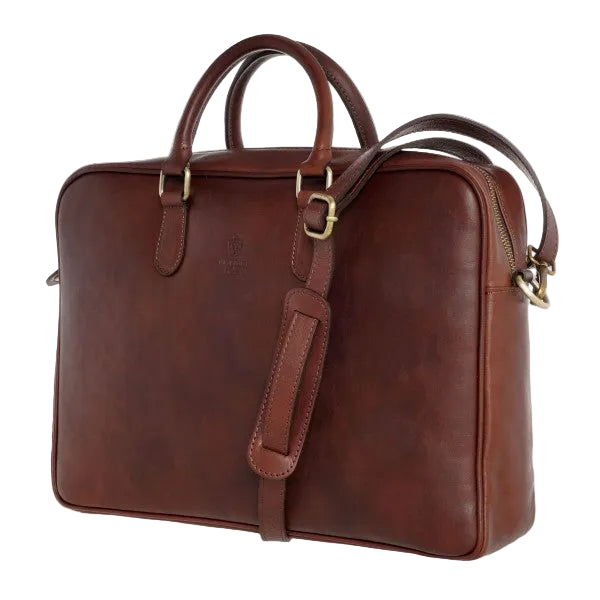 Cartella unisex porta documenti in pelle marrone conciata al vegetale. Due manici, tracolla removibile, due scomparti.