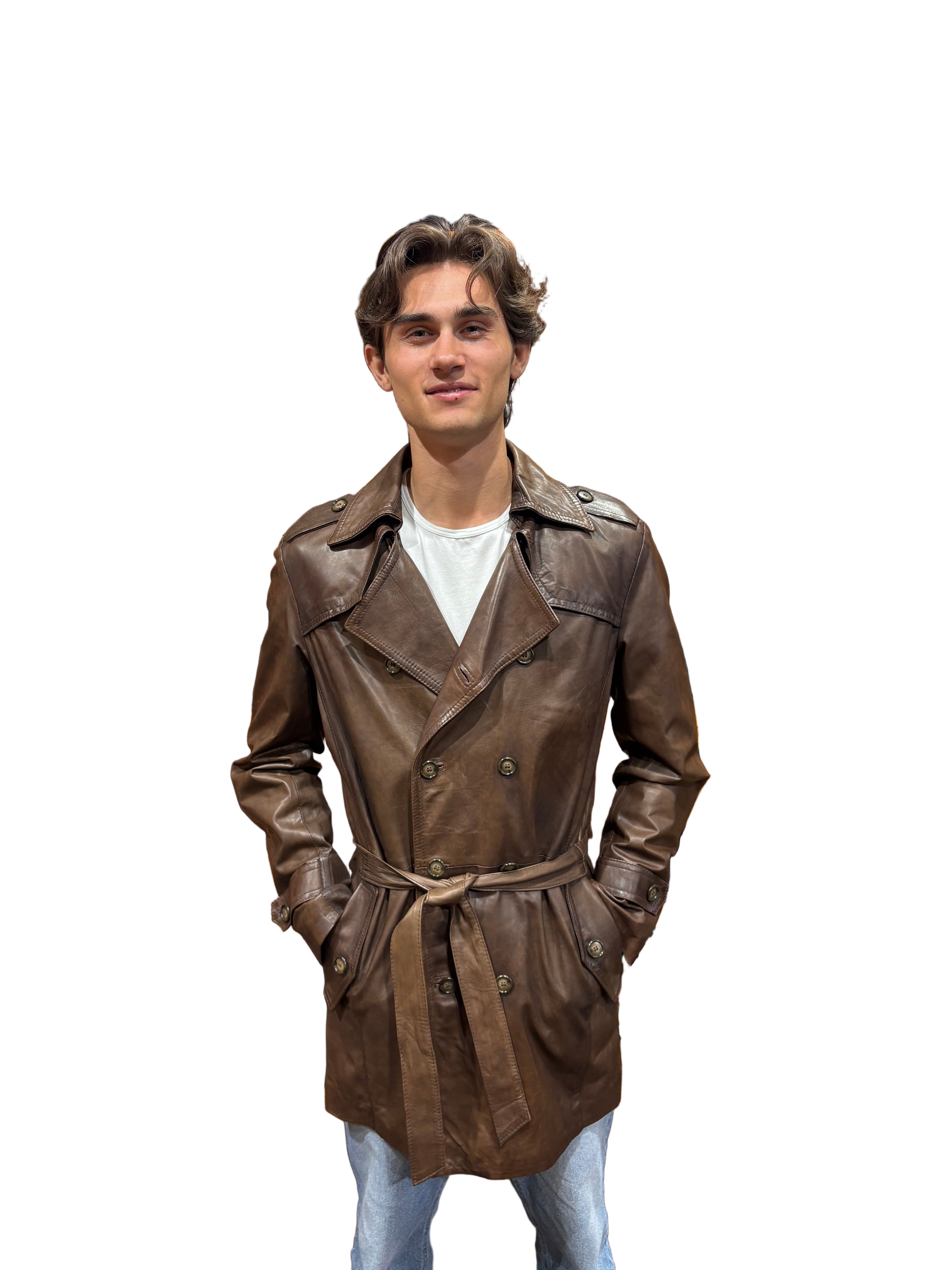 Men's leather trench coat, hand-stamped, Allegrini leather goods, Tuscany, dark brown