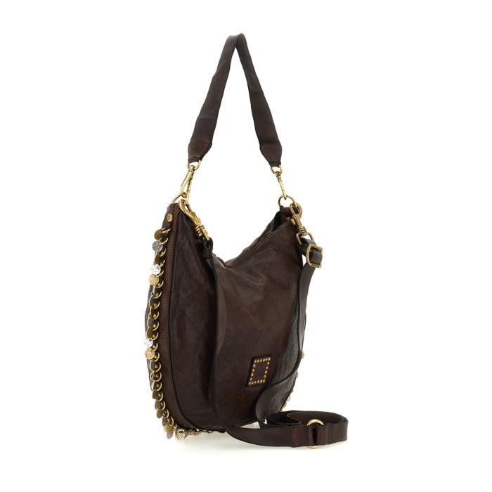 Borsa a Spalla "GIANNA" in pelle di vacchetta tinta in capo con borchie e medaglie.