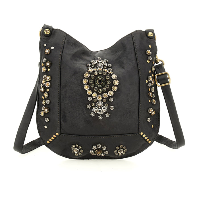 Borsa a tracolla con borchie e strass Campomaggi C035340ND-X2885 Nero