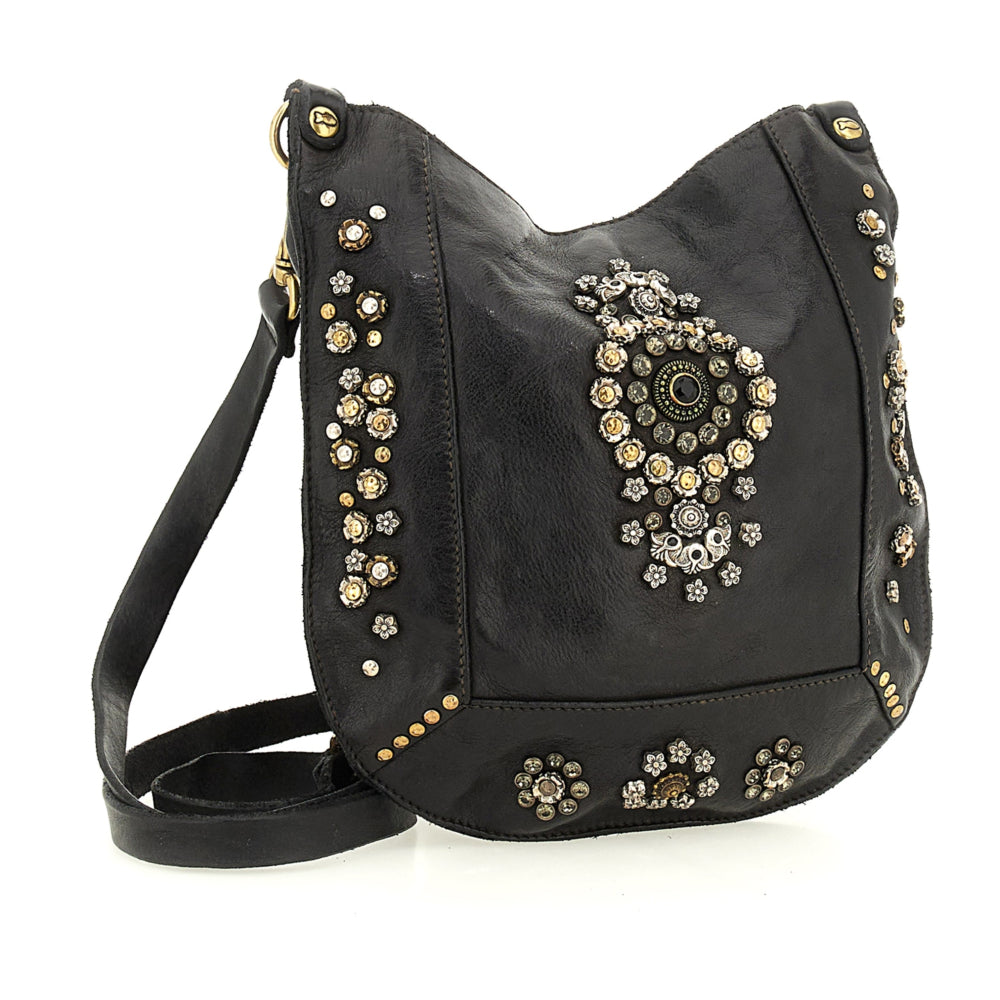 Borsa a tracolla con borchie e strass Campomaggi C035340ND-X2885 Nero