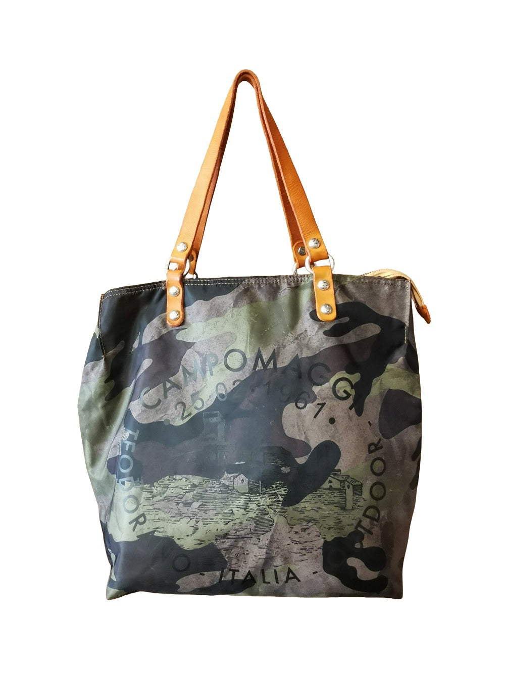 Borsa shopper in tessuto "vela" con manici e tracolla Campomaggi C041720ND-X2632 Camouflage+T/Arancio