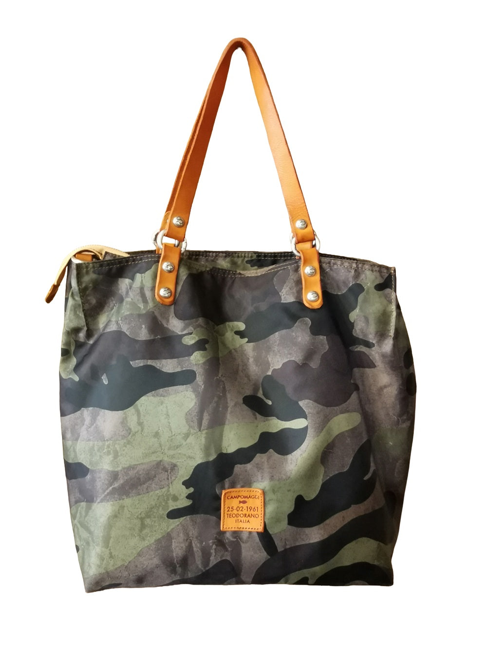 Borsa shopper in tessuto "vela" con manici e tracolla Campomaggi C041720ND-X2632 Camouflage+T/Arancio