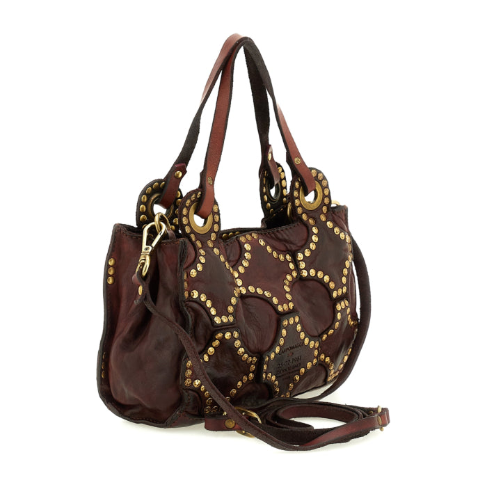 Borsa Dafne con tracolla in pelle e toppe croce Campomaggi C045800ND X3112 vinaccia