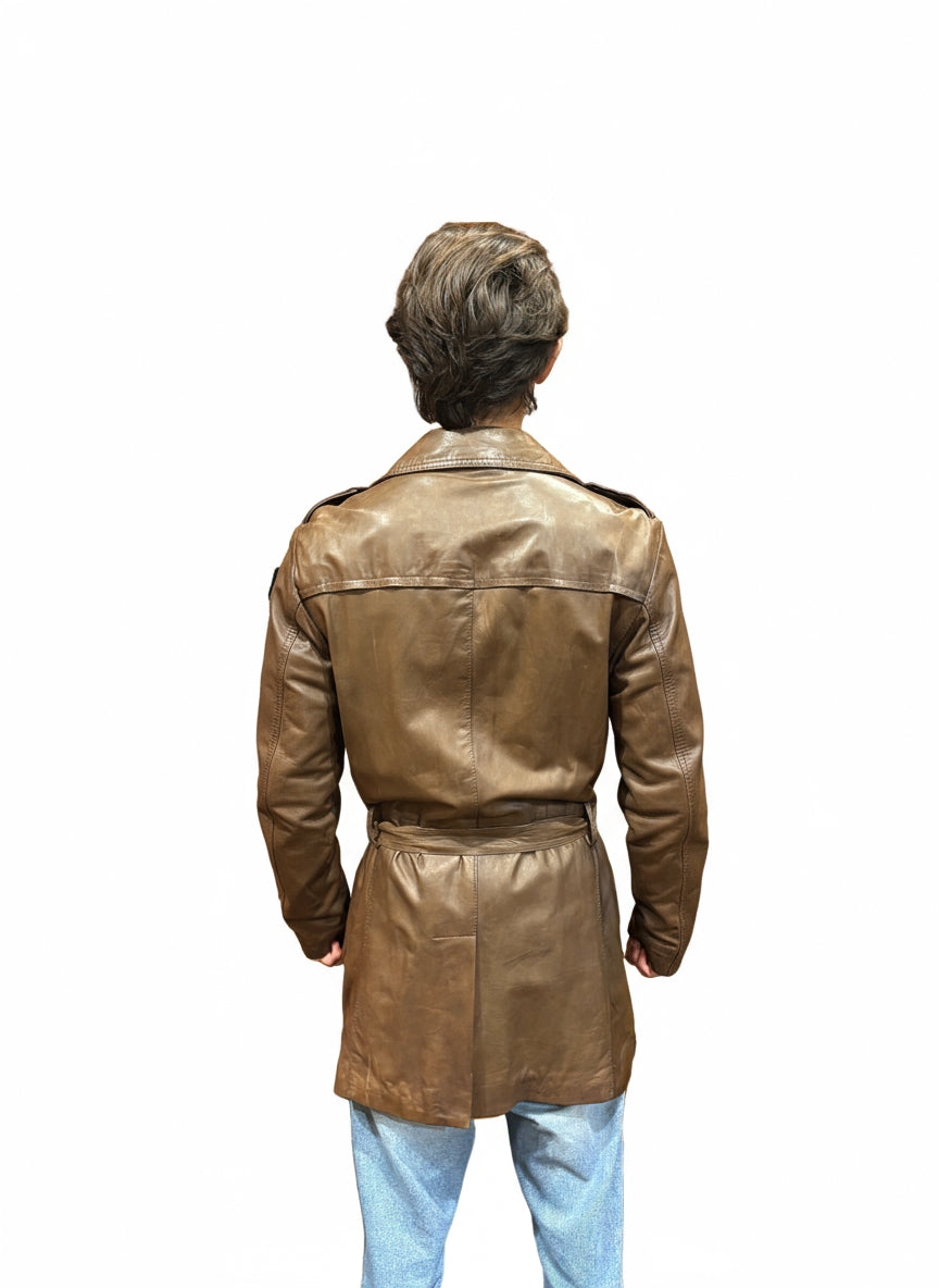 Men's leather trench coat, hand-stamped, Allegrini leather goods, Tuscany, dark brown