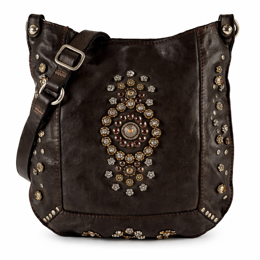 Tracolla Nora in pelle strass+fiori Campomaggi C035340ND X3037 testa di moro