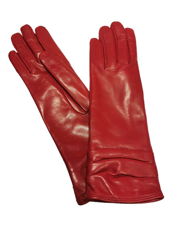 Guanto donna in pelle arricciato lungo pelletteria allegrini g4497 rubino