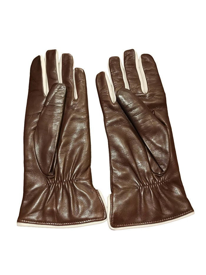 Guanto donna in pelle con bottoni laterali pelletteria allegrini g5534 marrone/beige