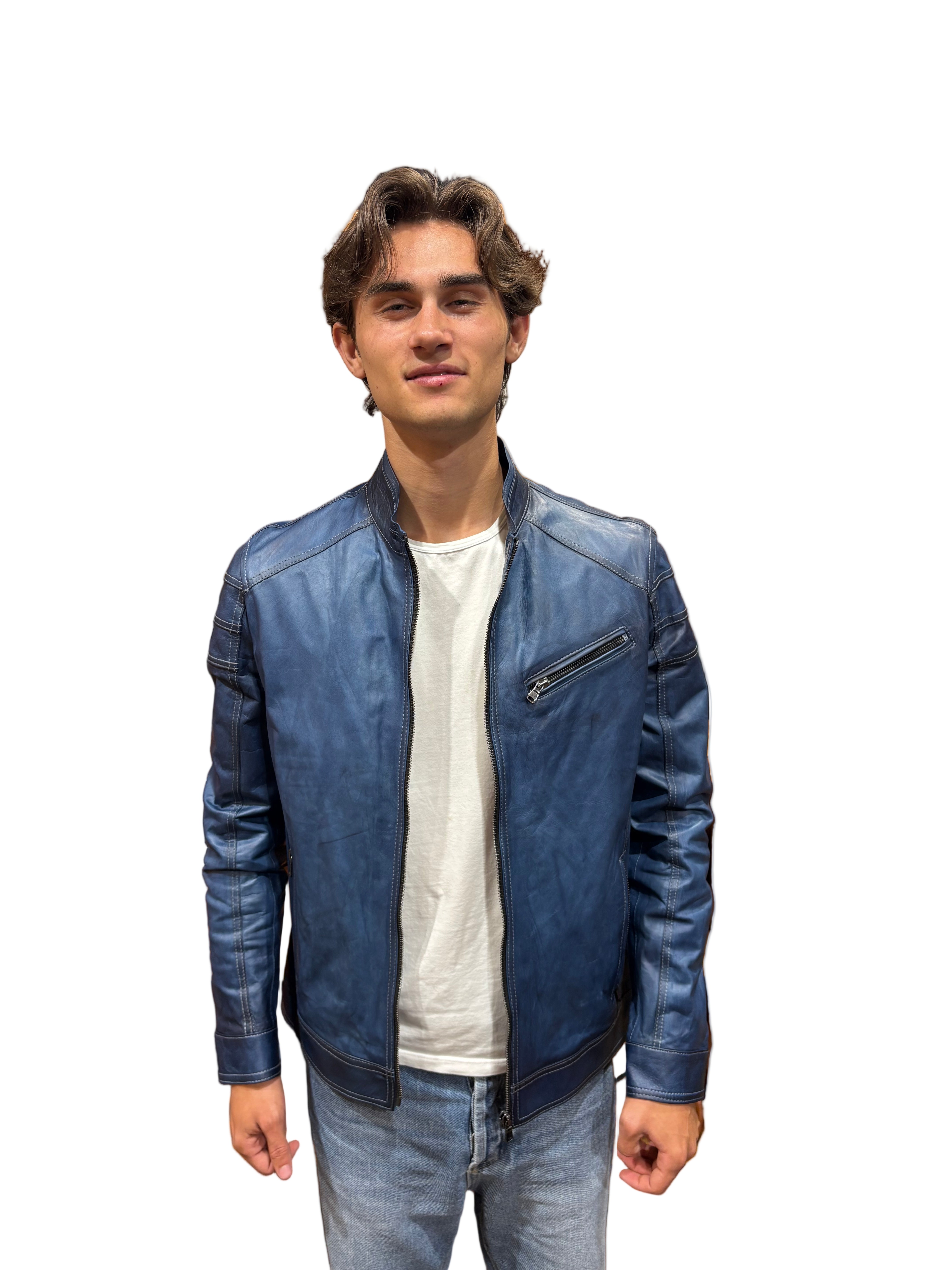 Pegaso Tuscany men's hand-buffed leather jacket, bluette