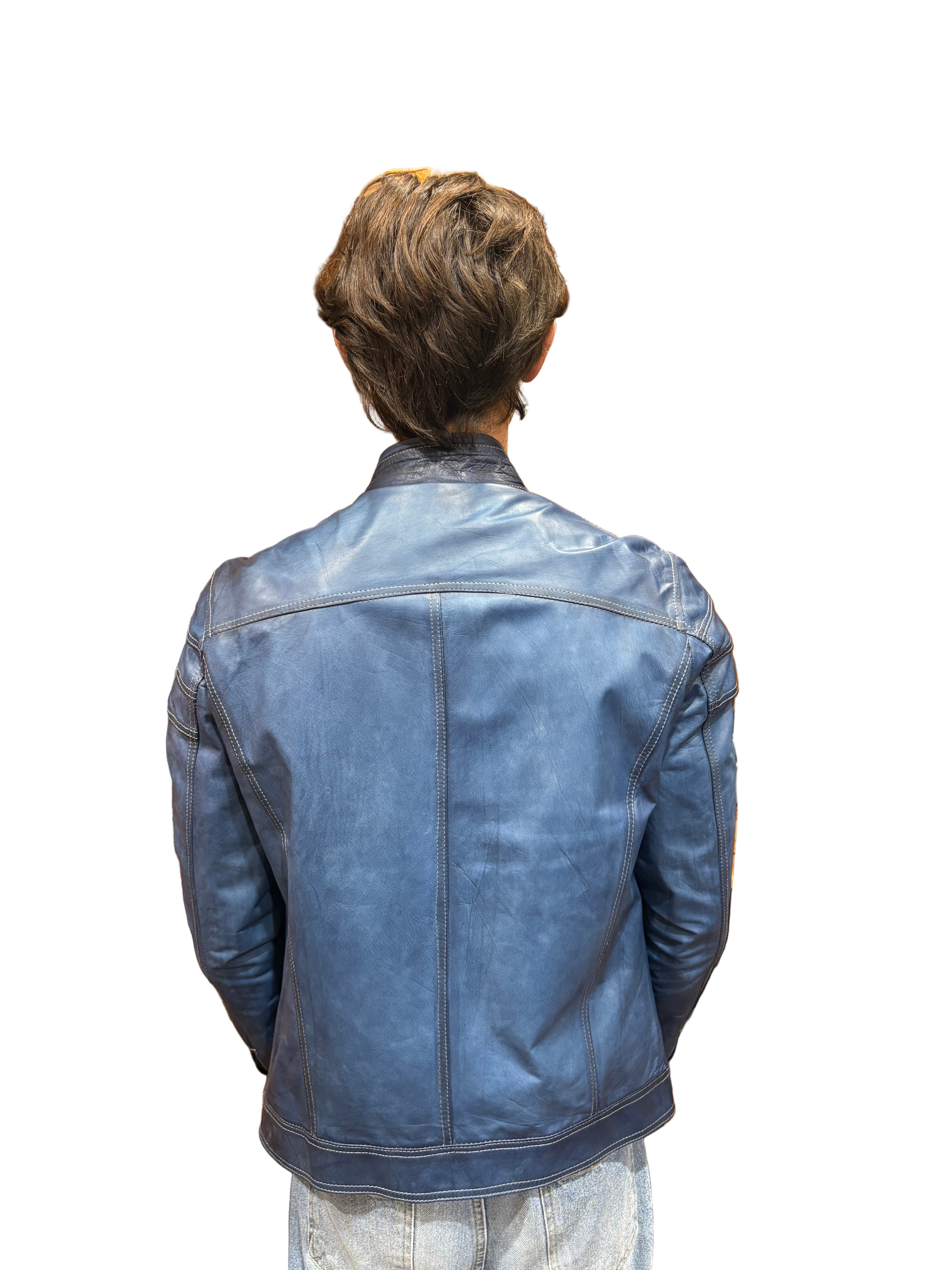 Pegaso Tuscany men's hand-buffed leather jacket, bluette