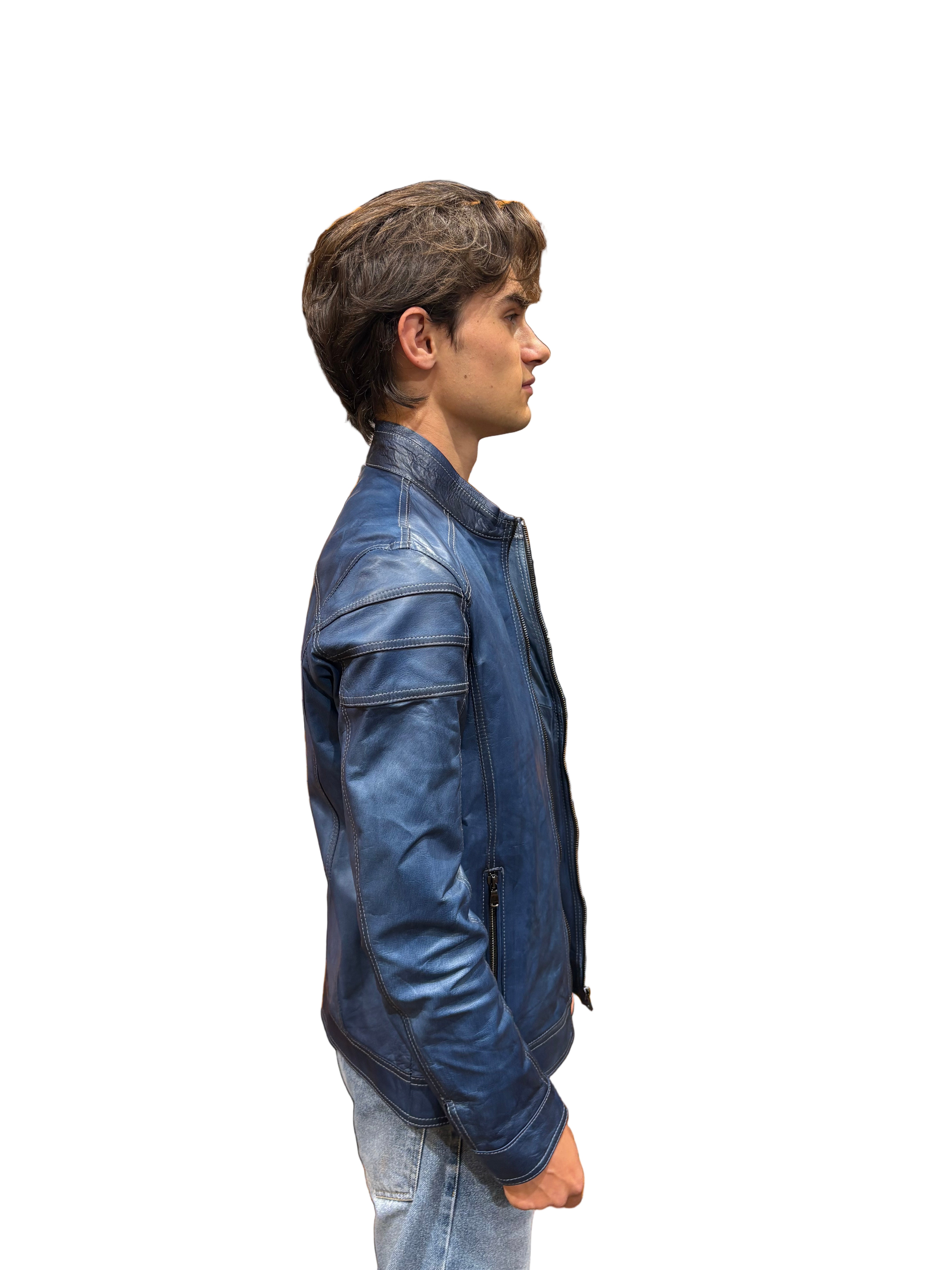 Pegaso Tuscany men's hand-buffed leather jacket, bluette