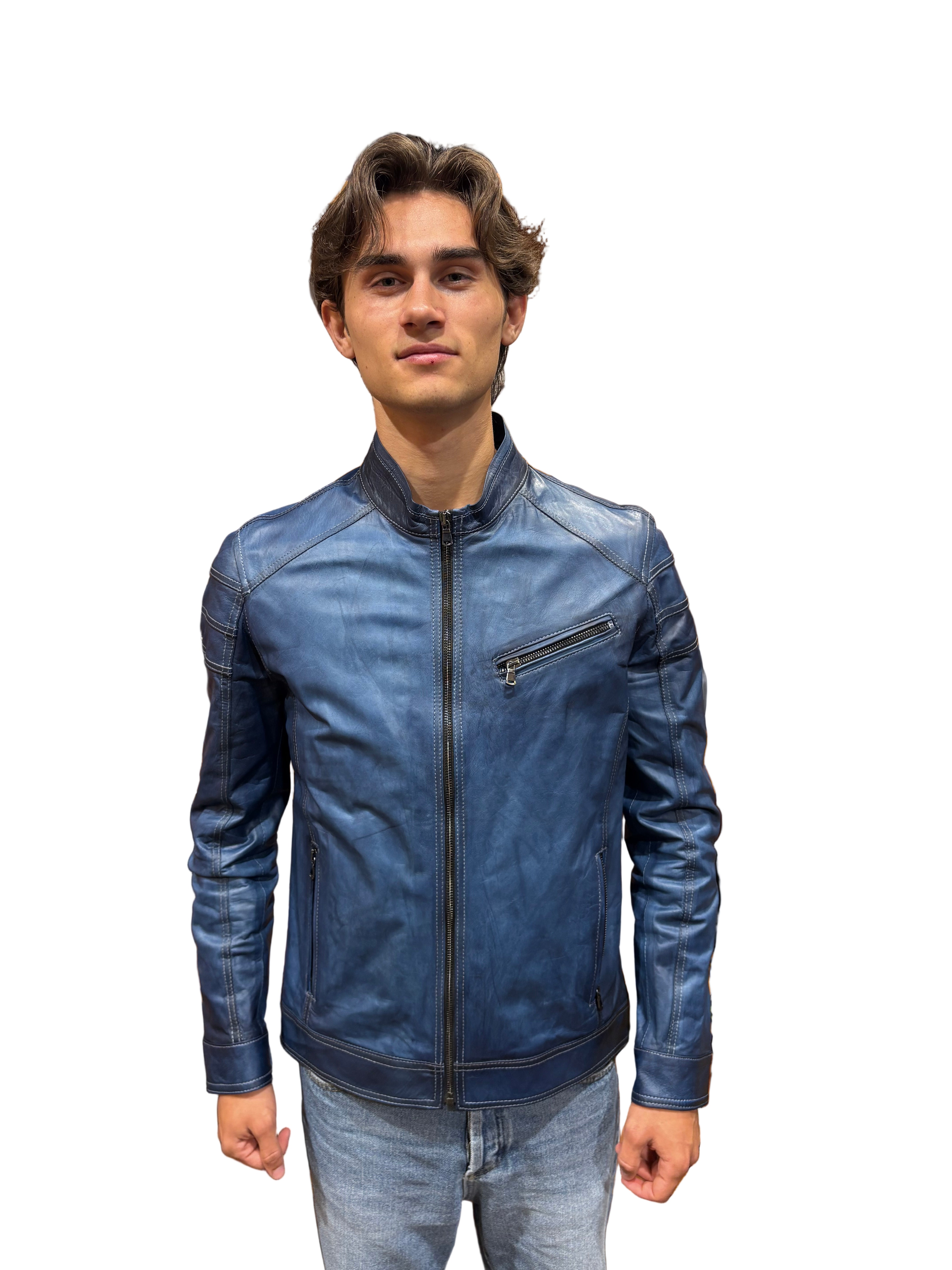 Pegaso Tuscany men's hand-buffed leather jacket, bluette