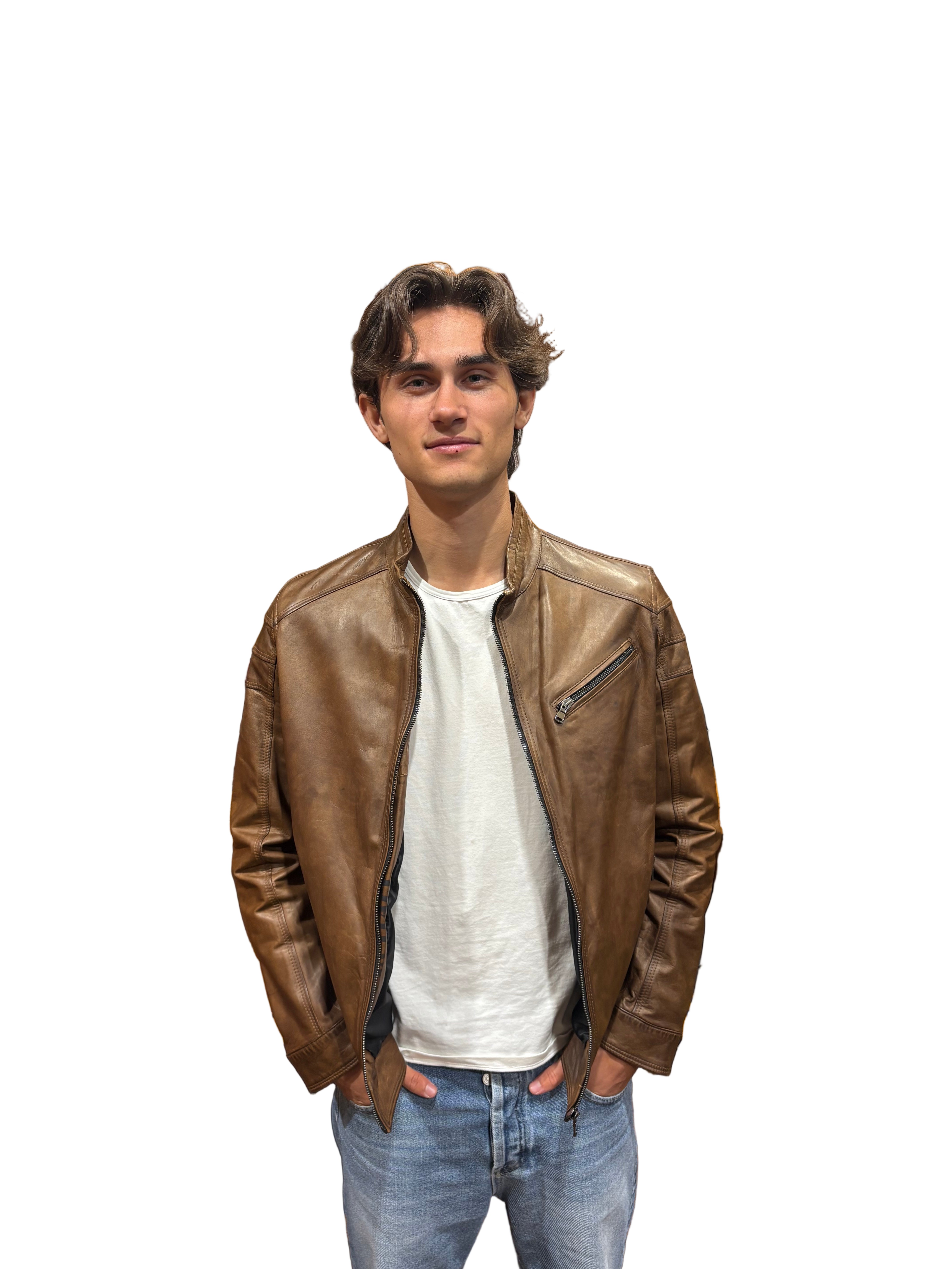 Pegaso Tuscany Men's Hand-Dampened Leather Jacket Burnt