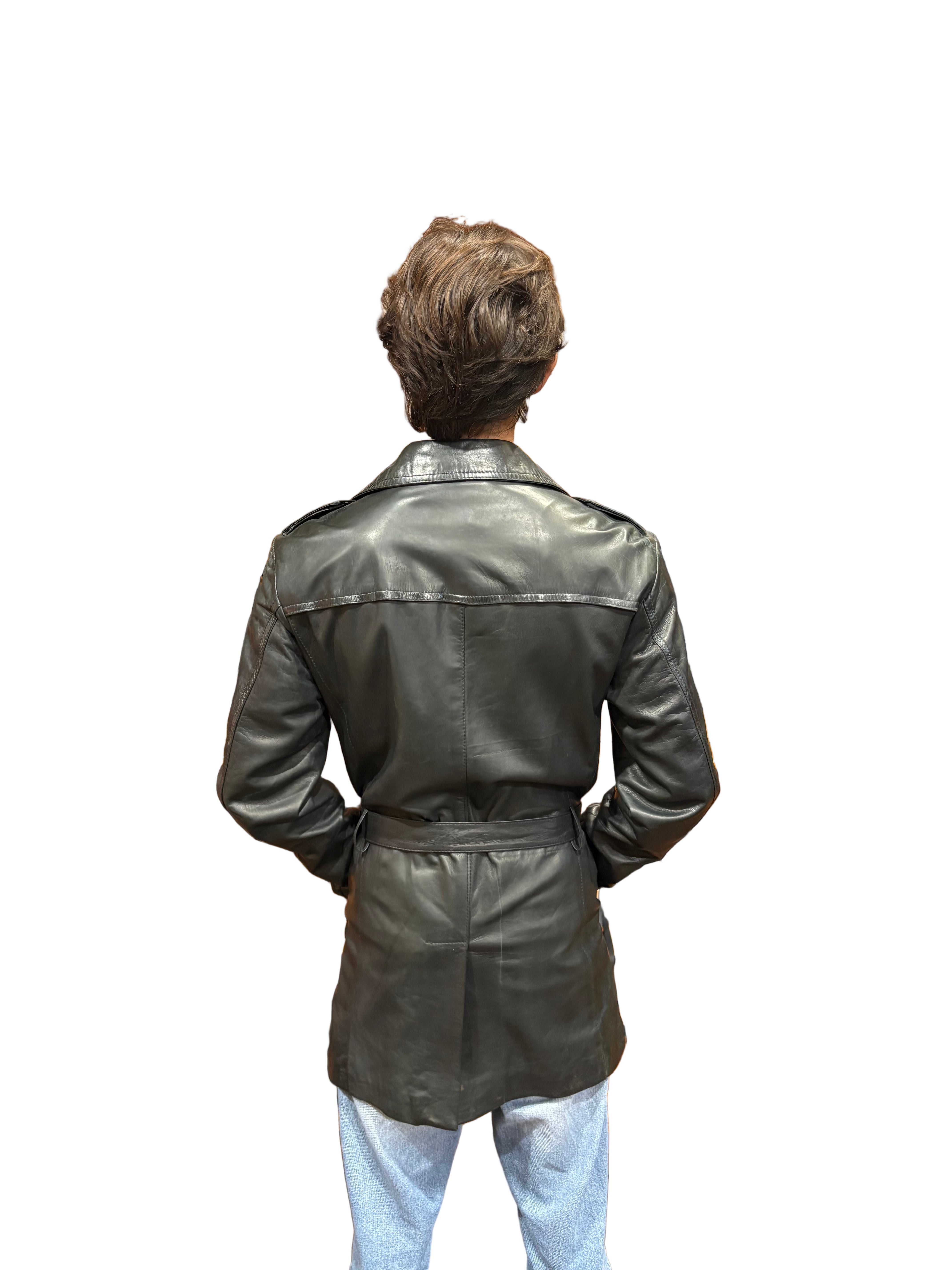 Men's leather trench coat by Allegrini, hand-stamped in Tuscany, black