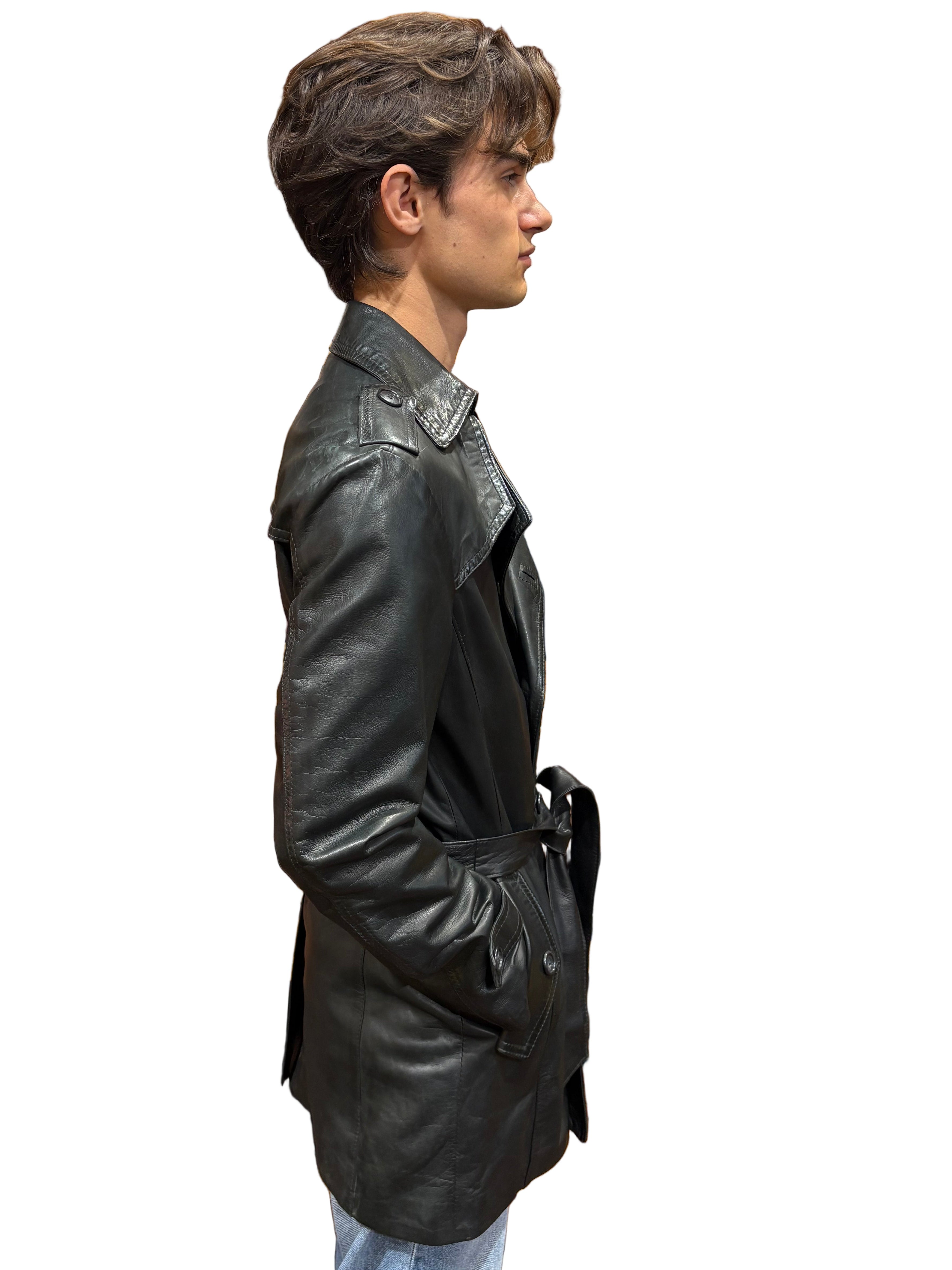 Men's leather trench coat by Allegrini, hand-stamped in Tuscany, black