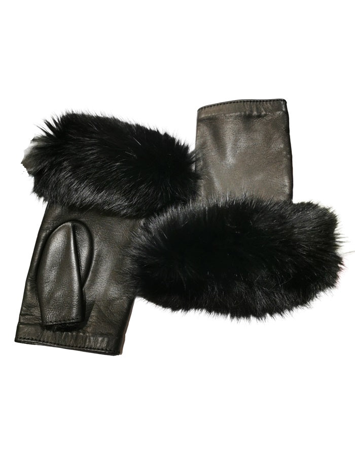 Women's smooth leather gauntlet glove with silk lining and lapin fur muff, Pelletteria Allegrini Filippo V43/L Black