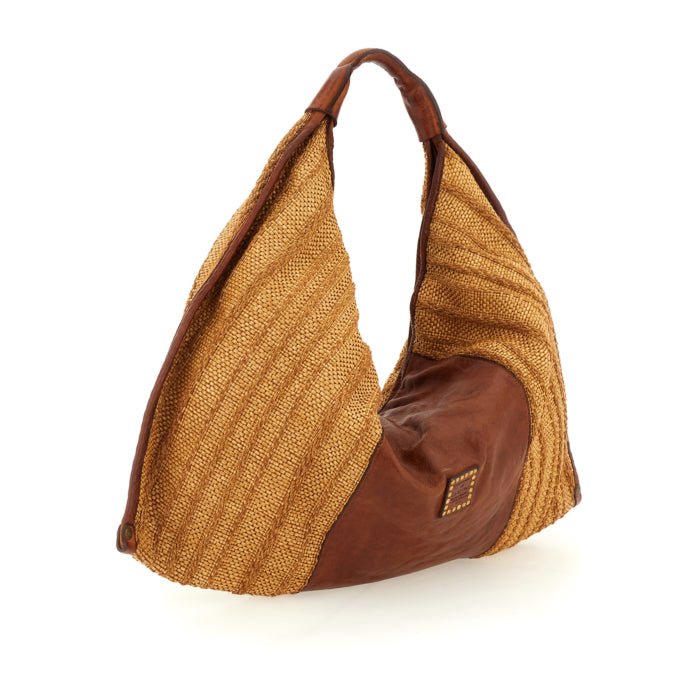 Borsa a spalla Atena in tessuto rafia e pelle Campomaggi C000570ND X3013 Cognac - Pelletteria Allegrini
