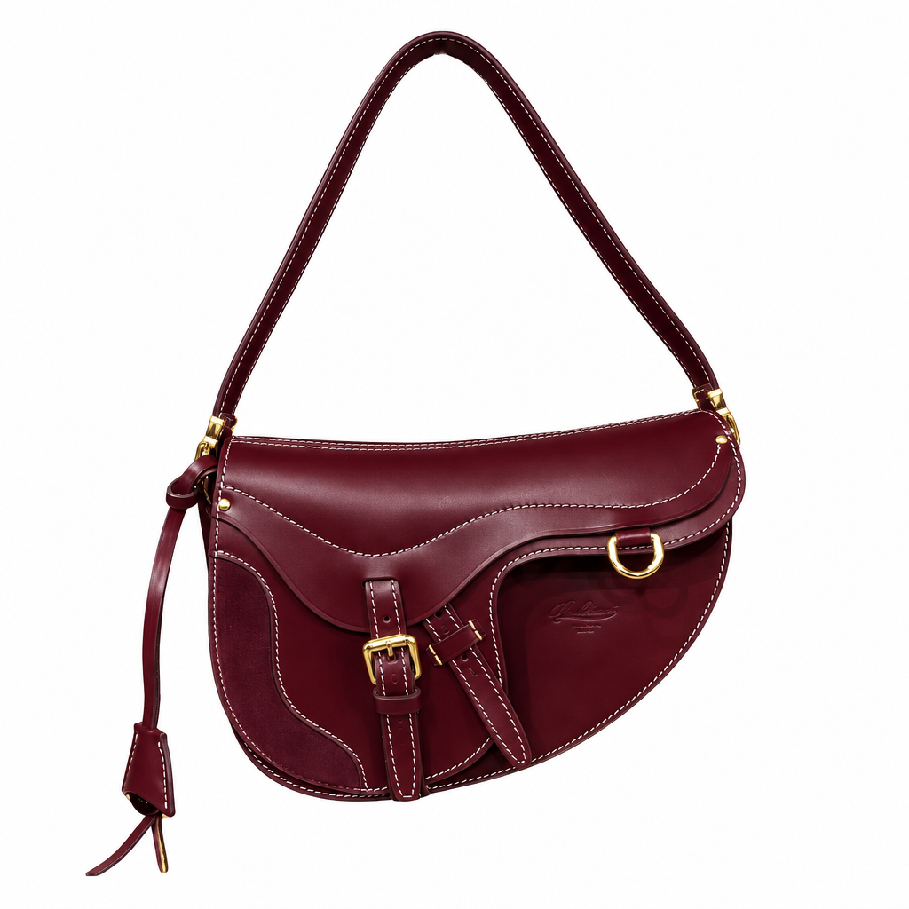 Borsa bordeaux con cuciture bianche e dettagli oro