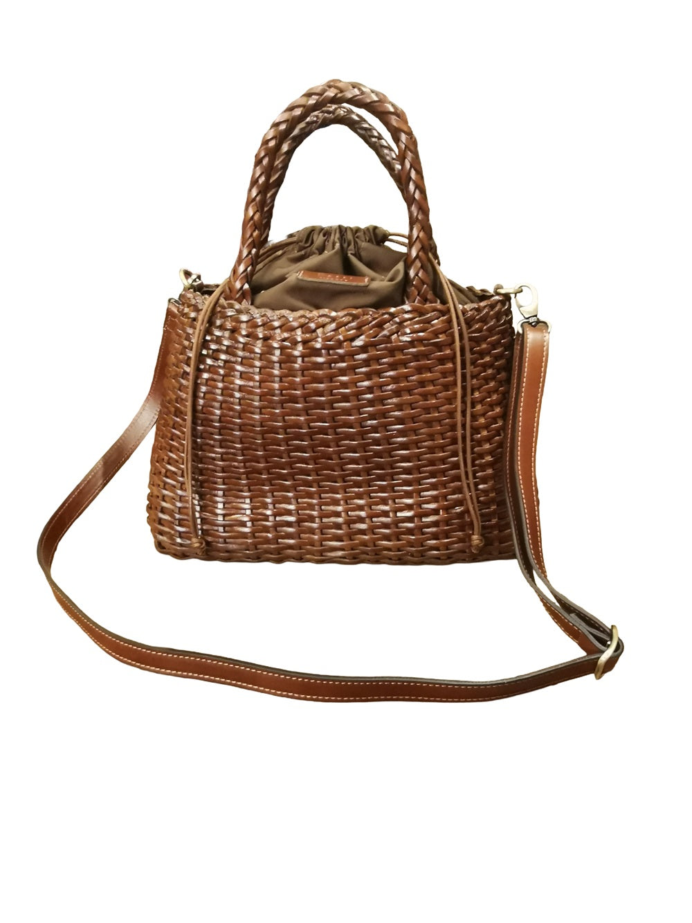 Borsa grande con doppi manici e tracolla in pelle intrecciata Bruno Rossi T5 Caffè