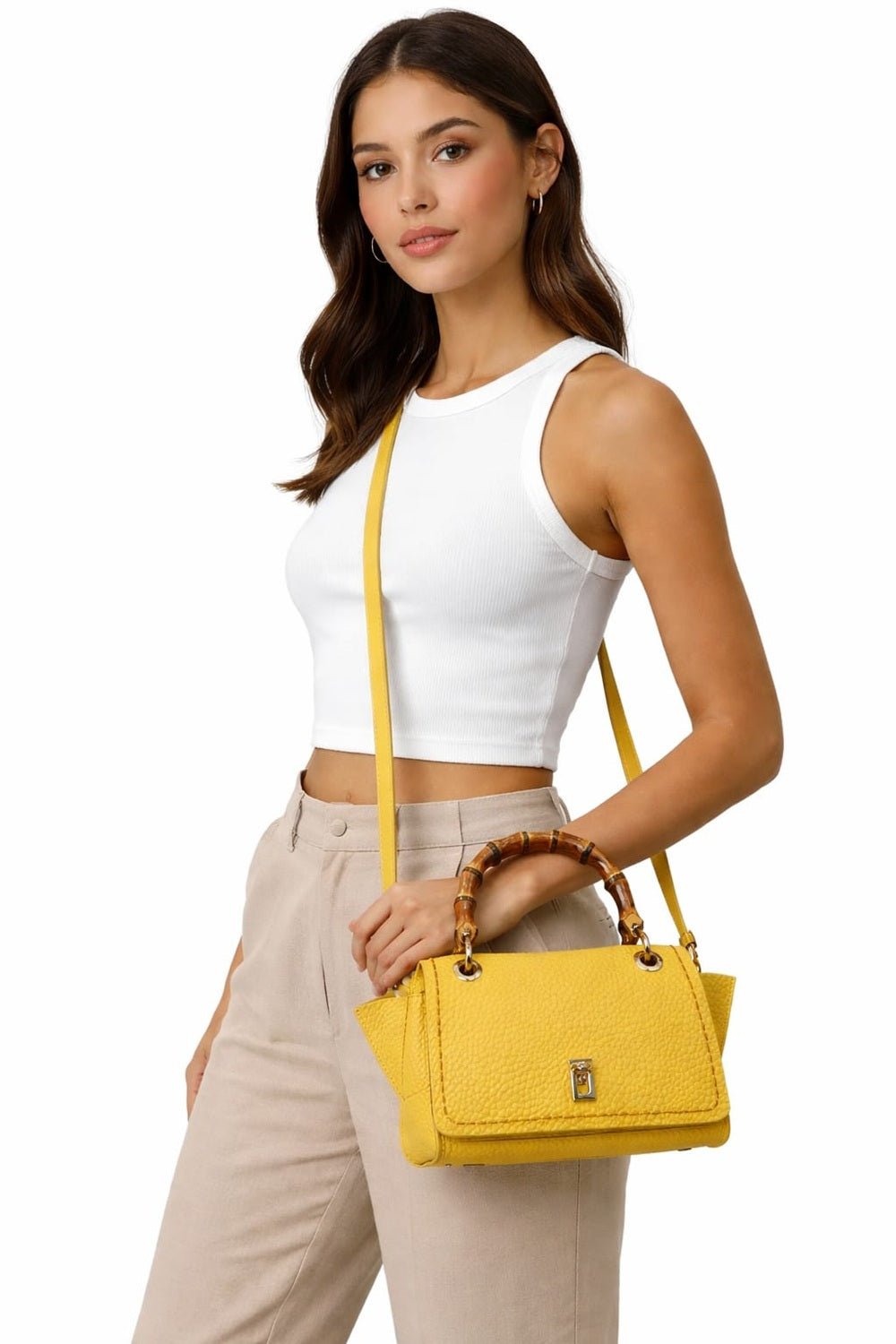Borsa in pelle con manico bamboo Visonà 20149 dijon - Pelletteria Allegrini