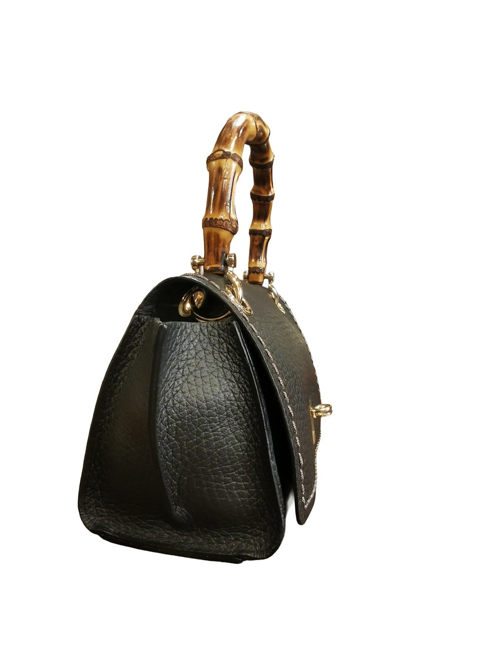 Borsa in pelle con manico bamboo Visonà 20149 nero