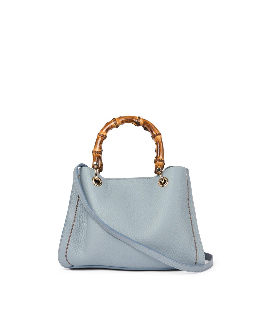 Borsa in pelle con manico bamboo Visonà 20157 cielo - Pelletteria Allegrini