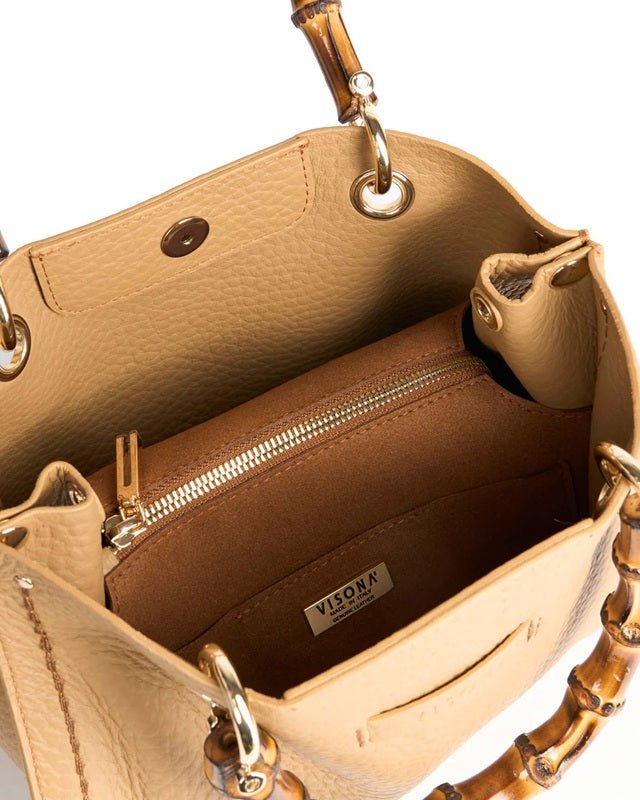Borsa in pelle con manico bamboo Visonà 20157 tan - Pelletteria Allegrini