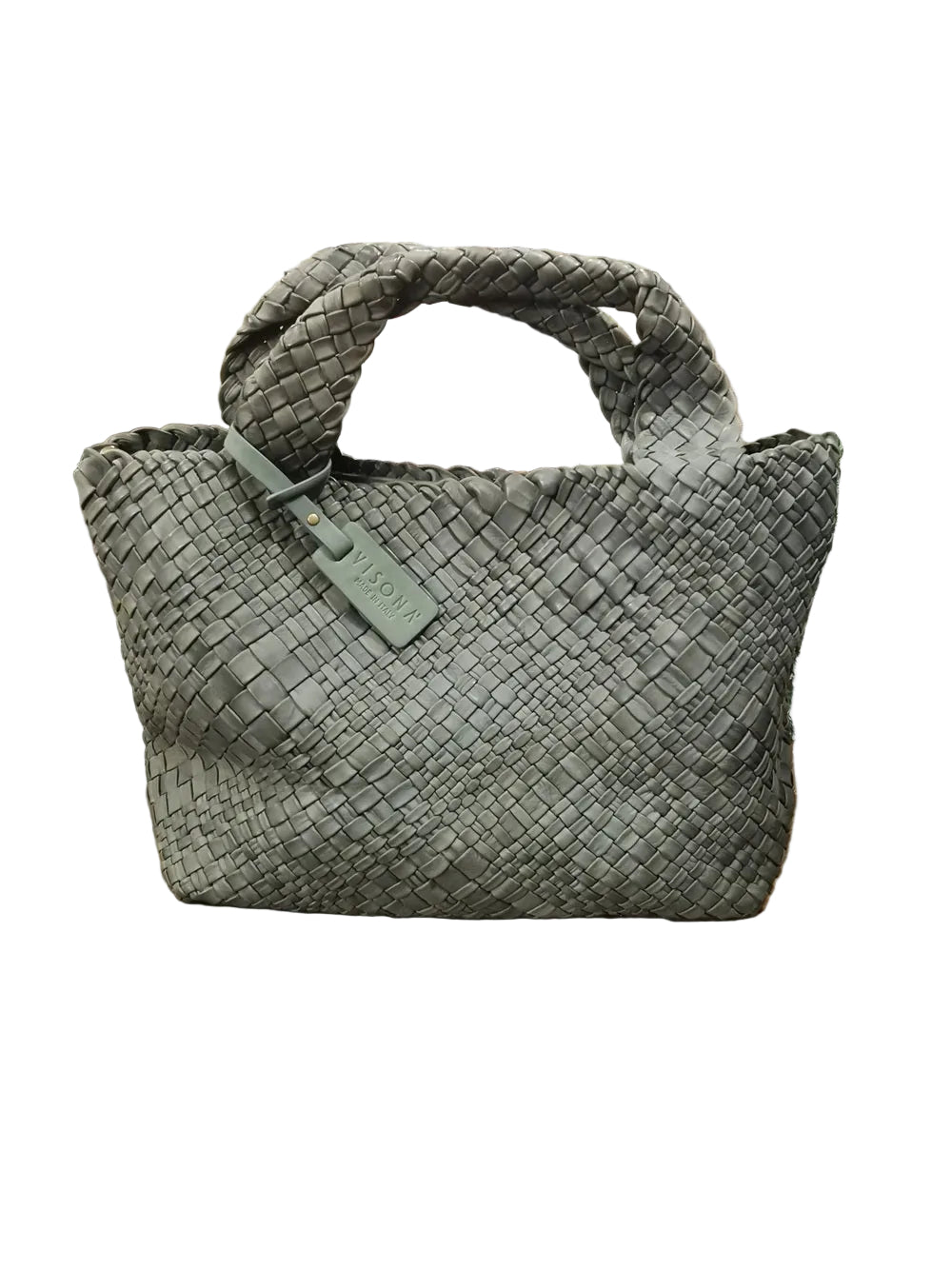 Borsa Visonà in pelle intrecciata di medie dimensioni con tracolla removibile e tasche interne.