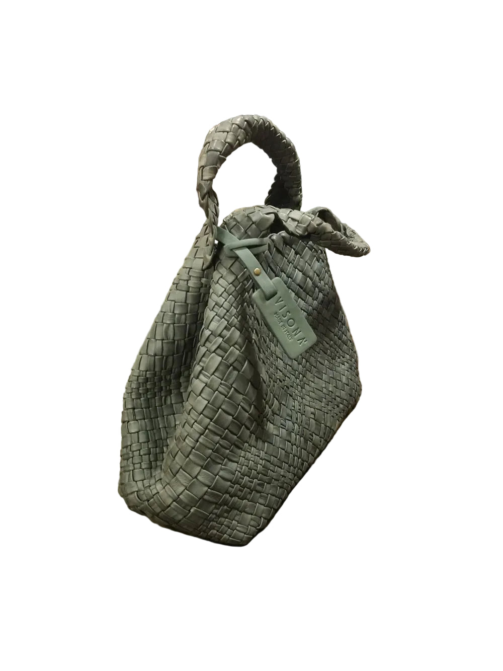 Borsa Visonà in pelle intrecciata di medie dimensioni con tracolla removibile e tasche interne.
