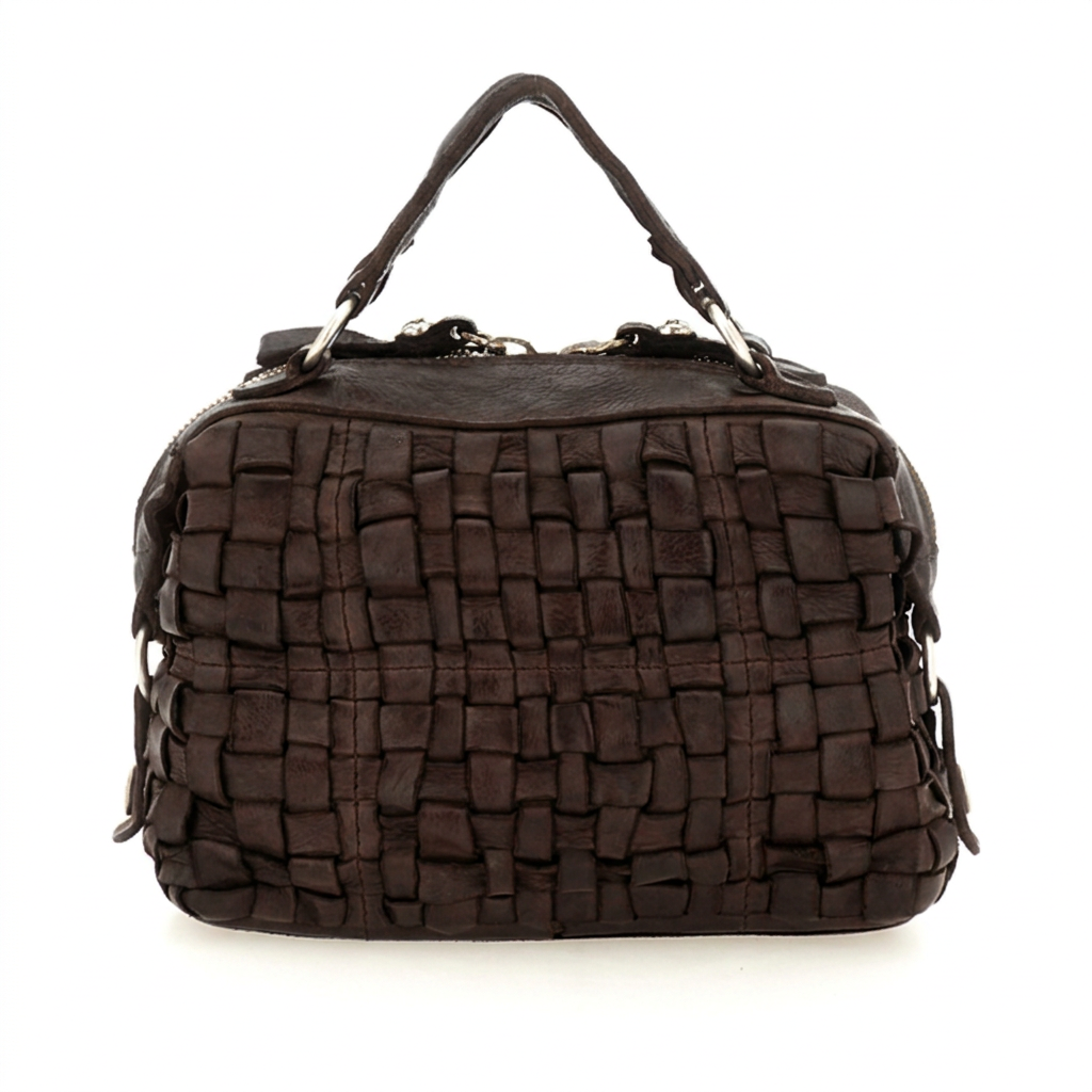 Campomaggi Edera line Petra bauletto bag in woven leather C044310ND X2866 dark brown