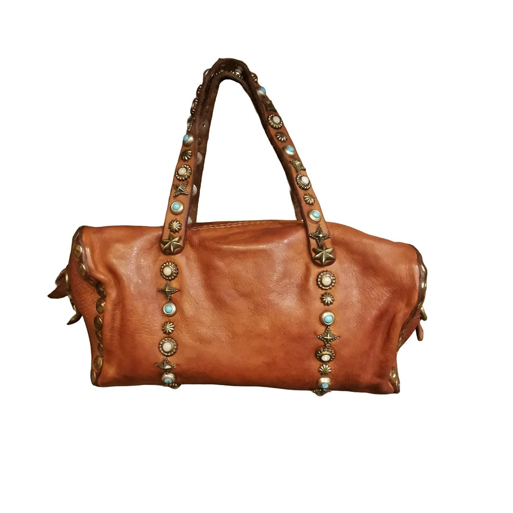 Borsa piccola a forma di cuore con pietre e borchie Campomaggi C045110ND-X3159 Cognac