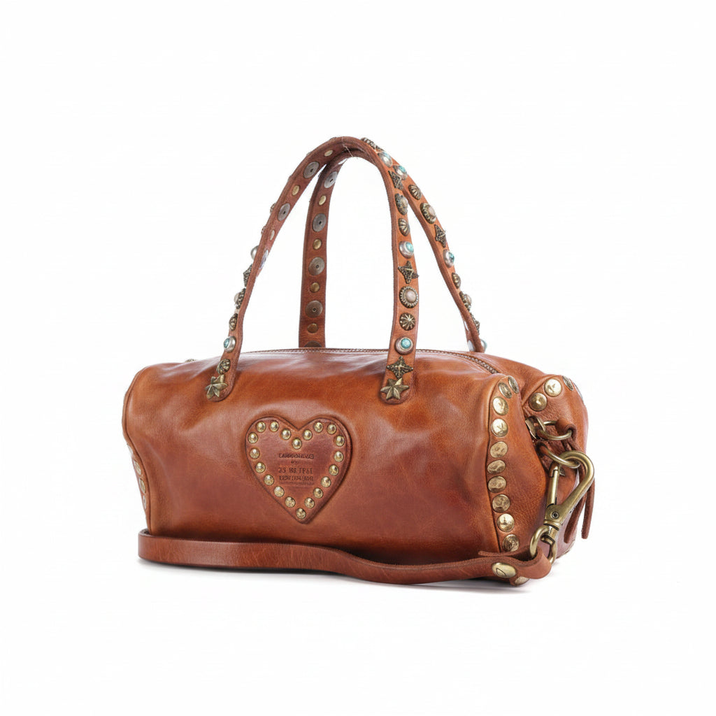 Borsa piccola a forma di cuore con pietre e borchie Campomaggi C045110ND-X3159 Cognac