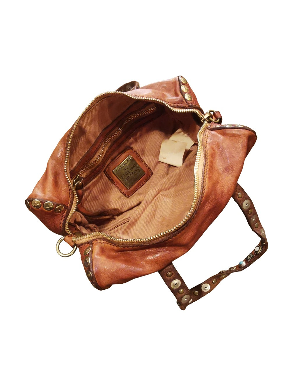 Borsa piccola a forma di cuore con pietre e borchie Campomaggi C045110ND-X3159 Cognac