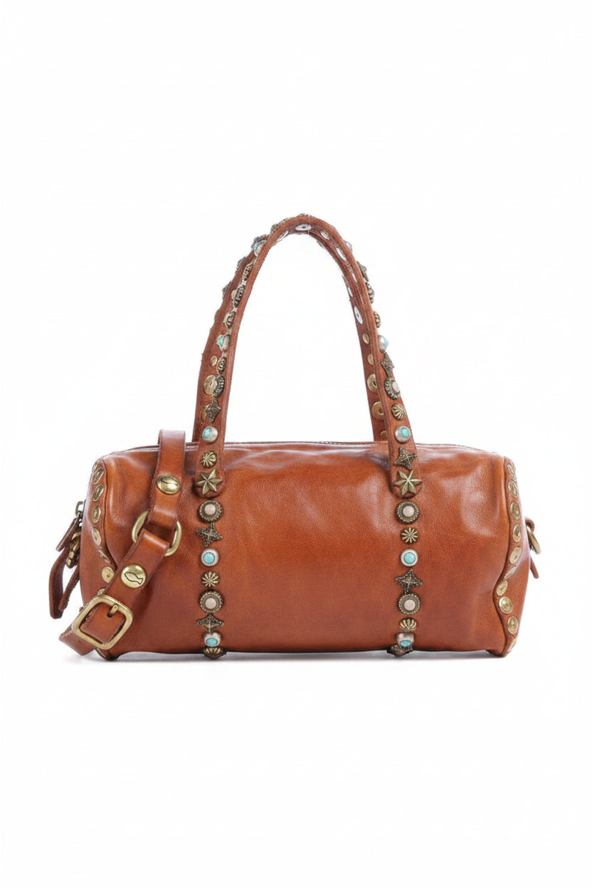 Borsa piccola a forma di cuore con pietre e borchie Campomaggi C045110ND-X3159 Cognac
