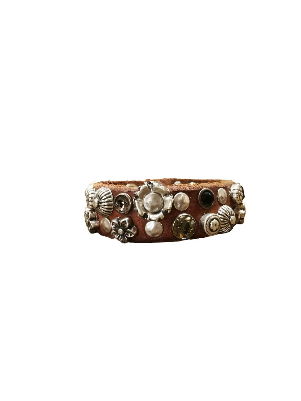 Bracciale in pelle con strass e borchie a fiori Campomaggi C024010ND - X2945 Cognac - Pelletteria Allegrini