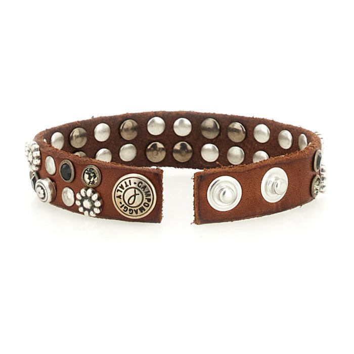 Braccialetto in pelle con borchie e strass Campomaggi C024010ND - X2876 Cognac - Pelletteria Allegrini