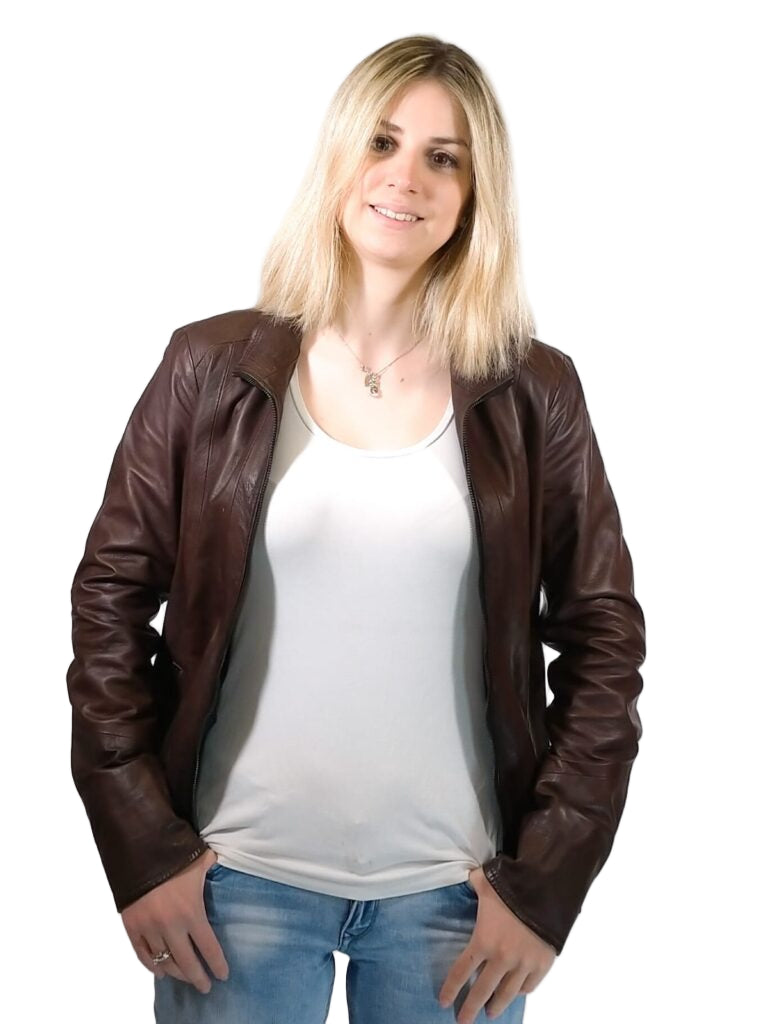 Giacca in pelle donna Cesira tuscany tamponata a mano pelletteria allegrini testa di moro