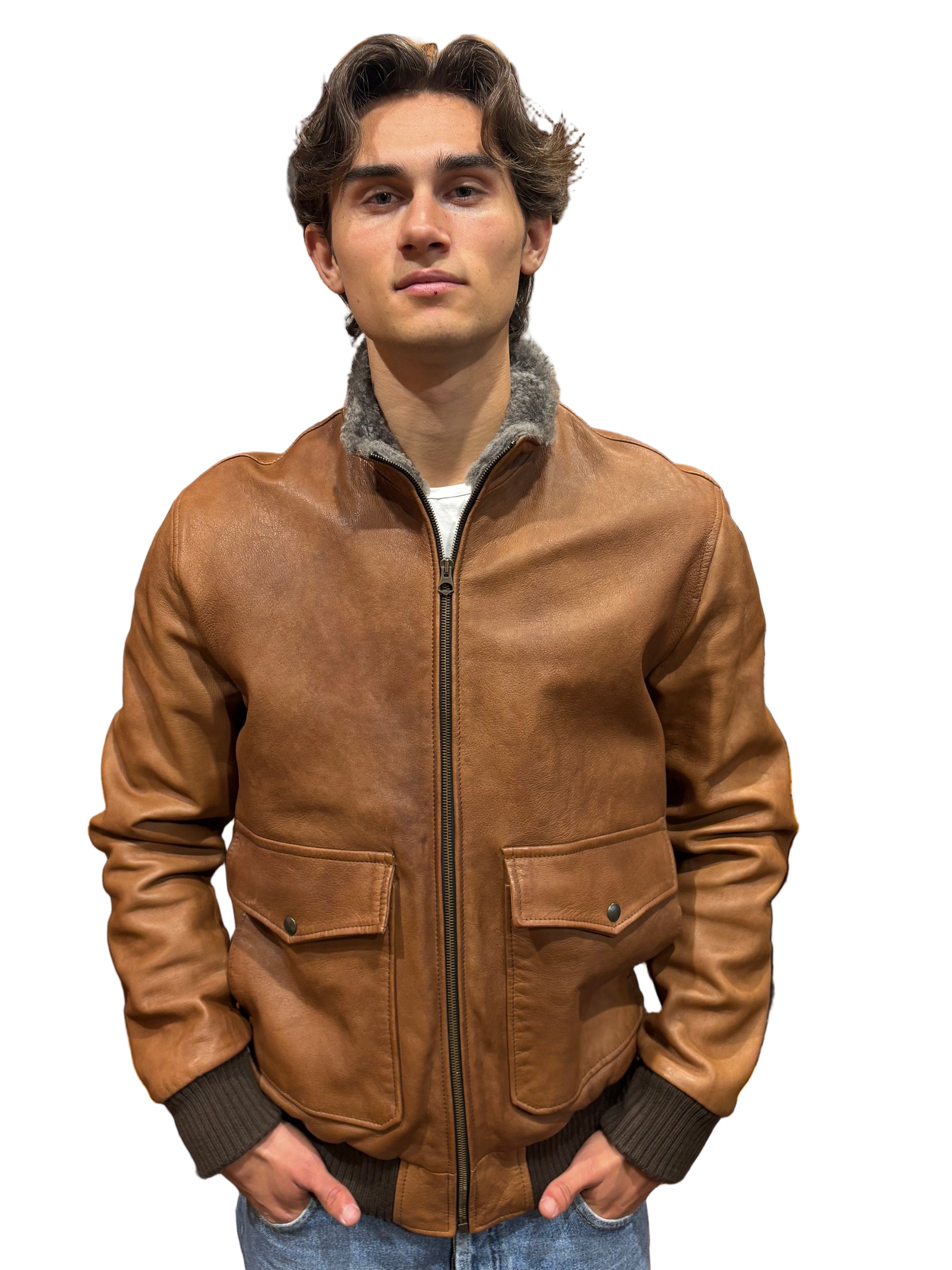 Giacca in pelle con collo in pelo Pelletteria Allegrini Filippo BENTIVOGLIO Cuoio