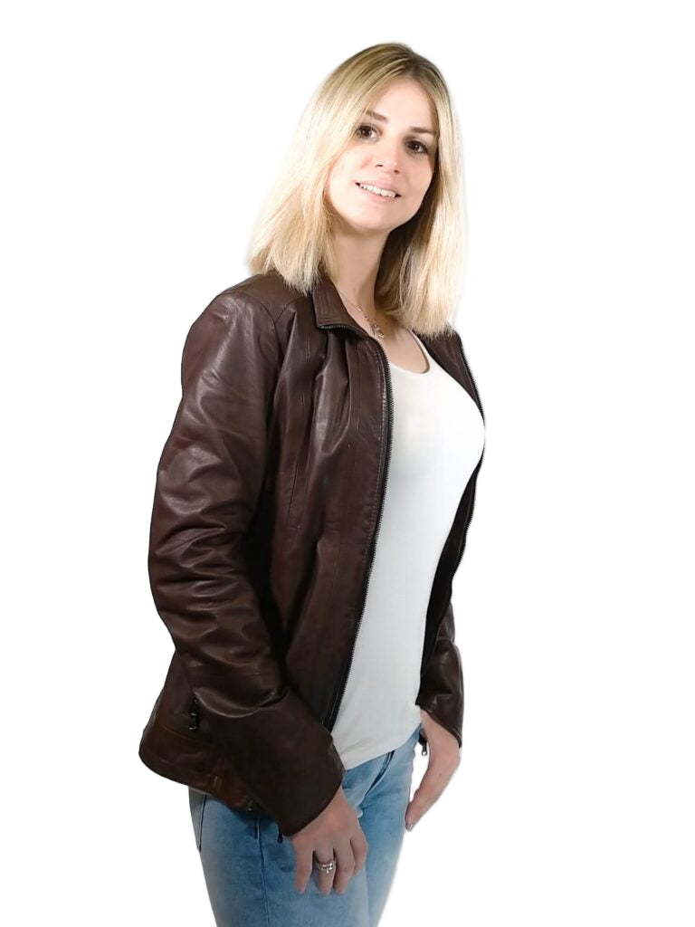 Giacca in pelle donna tamponata a mano Pelletteria Allegrini Filippo CESIRA Tuscany Testa di moro