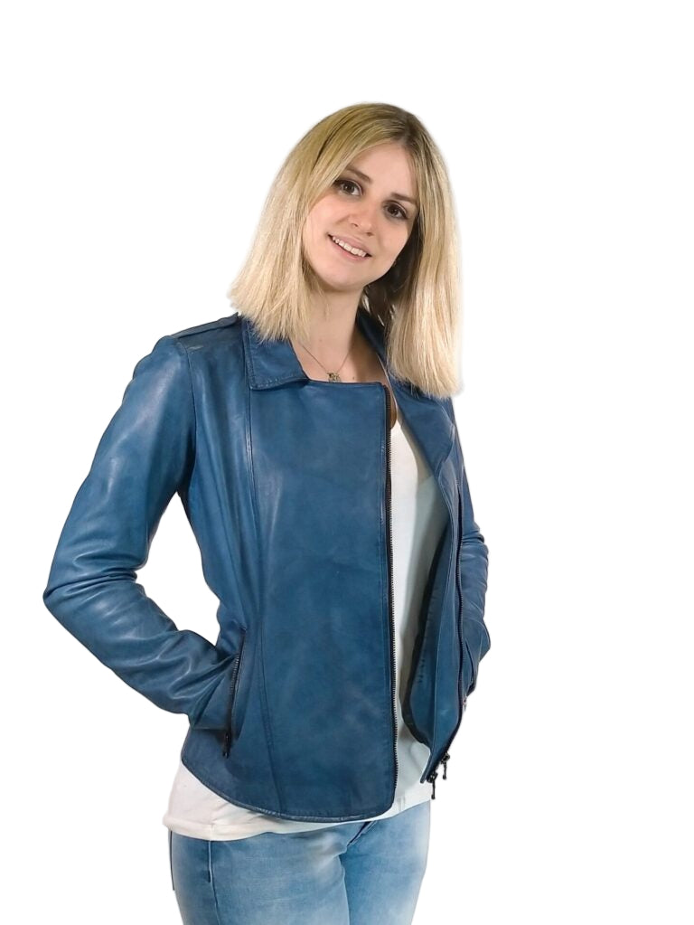 Giacca in pelle donna tamponata a mano Pelletteria Allegrini Filippo GREASE Tuscany Bluette