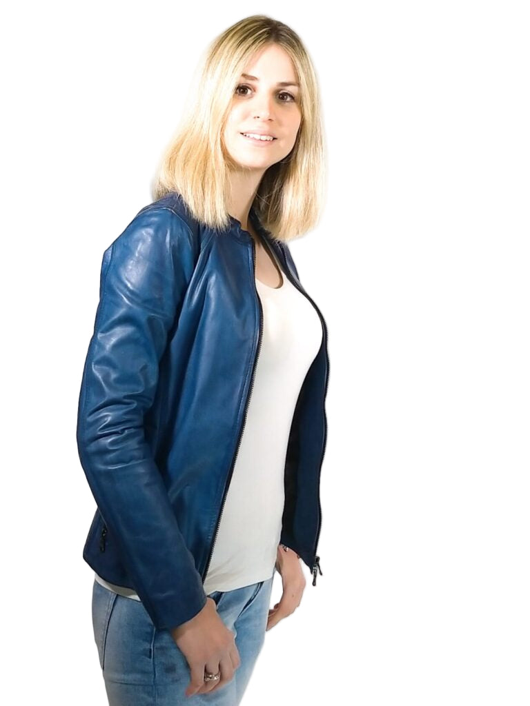Giacca in pelle donna tamponata a mano Pelletteria Allegrini Filippo ROMANA tuscany Bluette