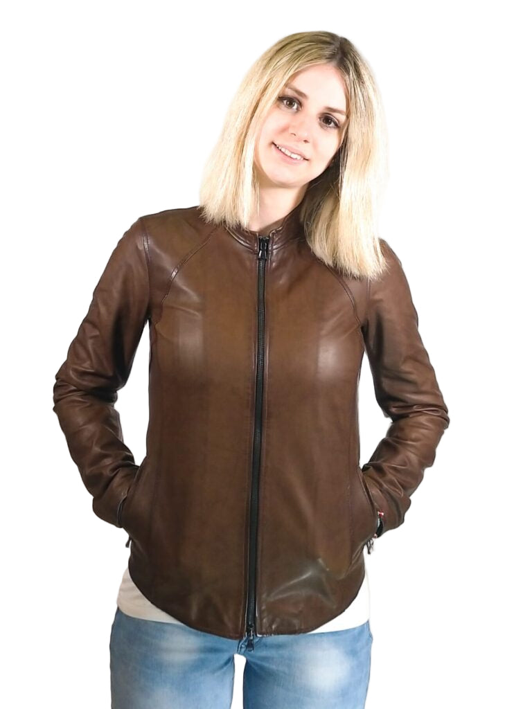 Giacca in pelle donna tamponata a mano Pelletteria Allegrini Filippo ROMANA tuscany Testa di moro