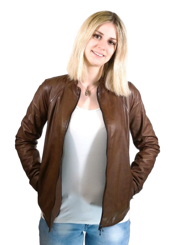 Giacca in pelle donna tamponata a mano Pelletteria Allegrini Filippo ROMANA tuscany Testa di moro