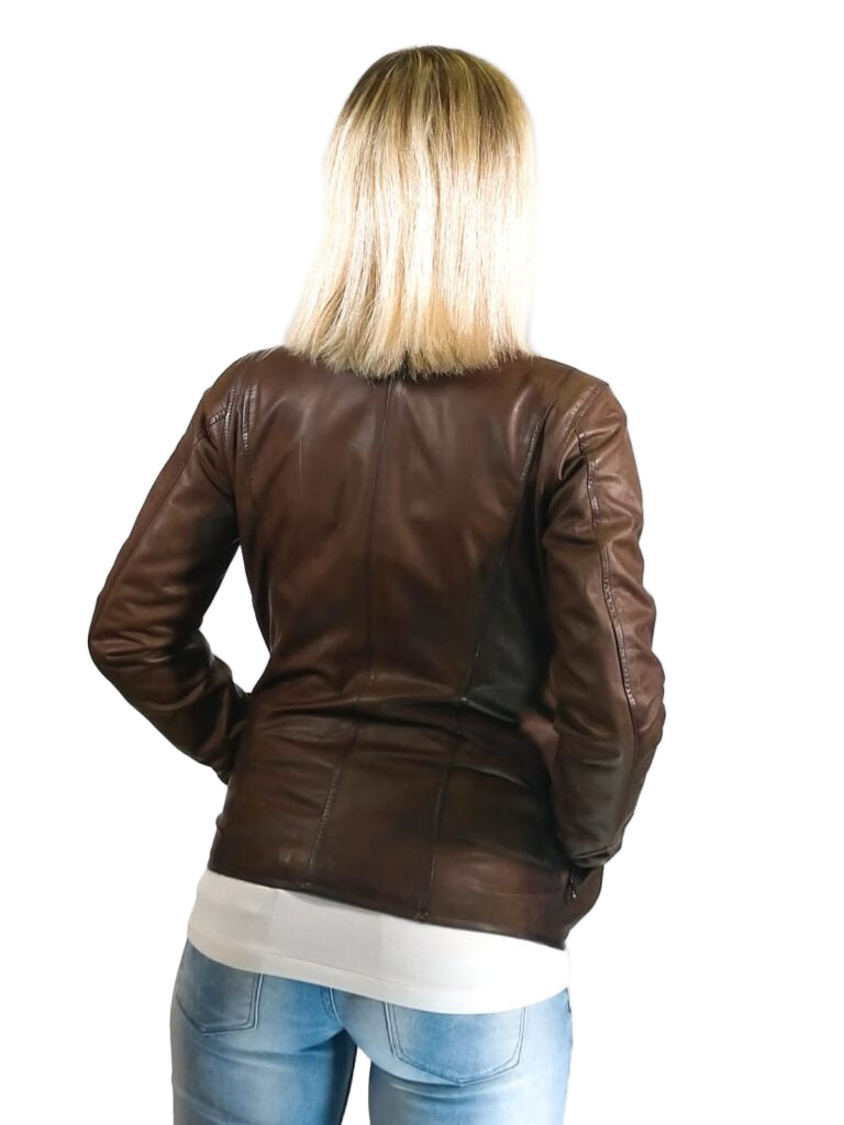 Giacca in pelle donna tamponata a mano Pelletteria Allegrini Filippo ROMANA tuscany Testa di moro