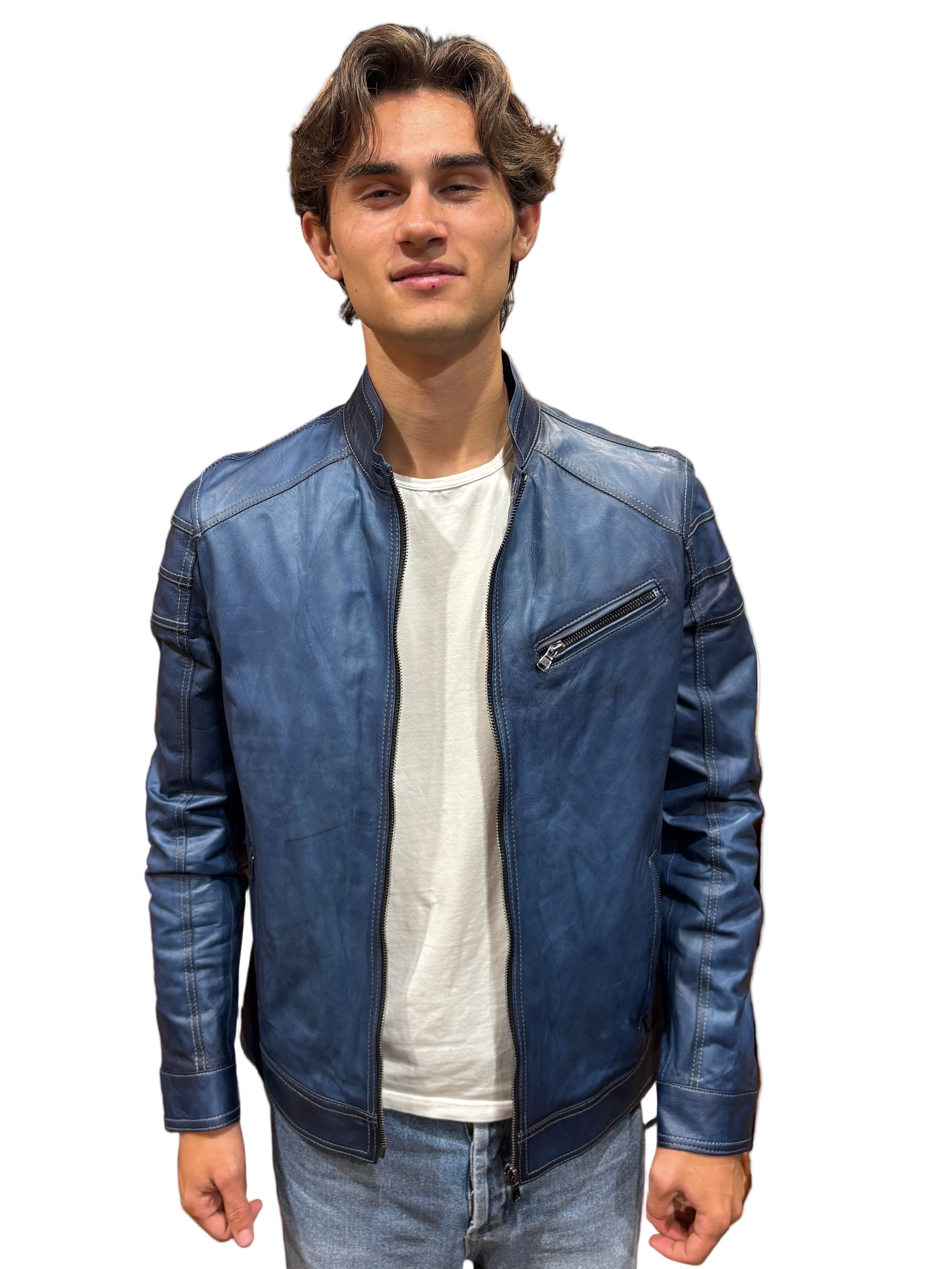 Giacca in pelle uomo tamponata a mano Pelletteria Allegrini Filippo PEGASO Tuscany Bluette