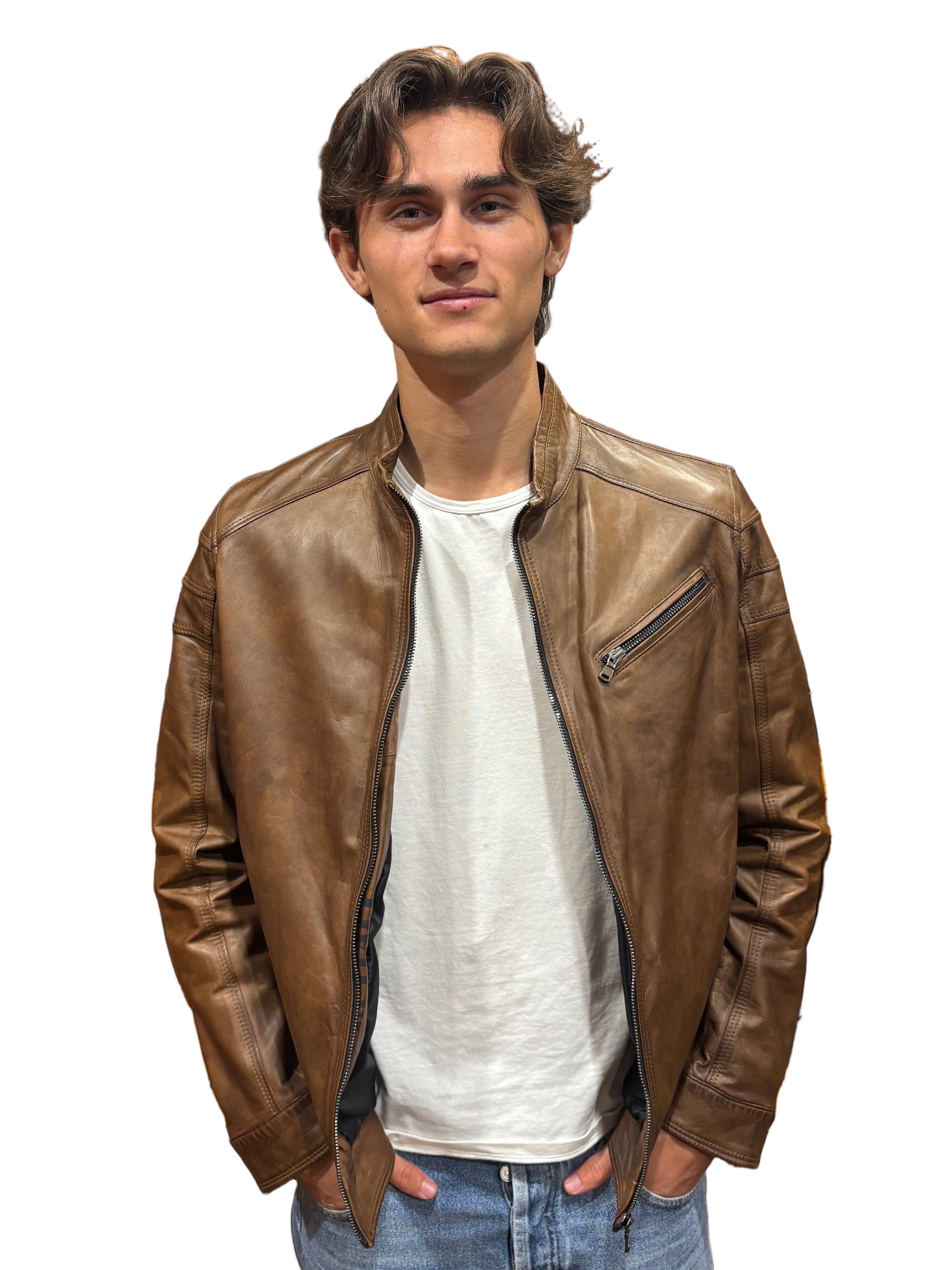 Giacca in pelle uomo tamponata a mano Pelletteria Allegrini Filippo PEGASO Tuscany Bruciato