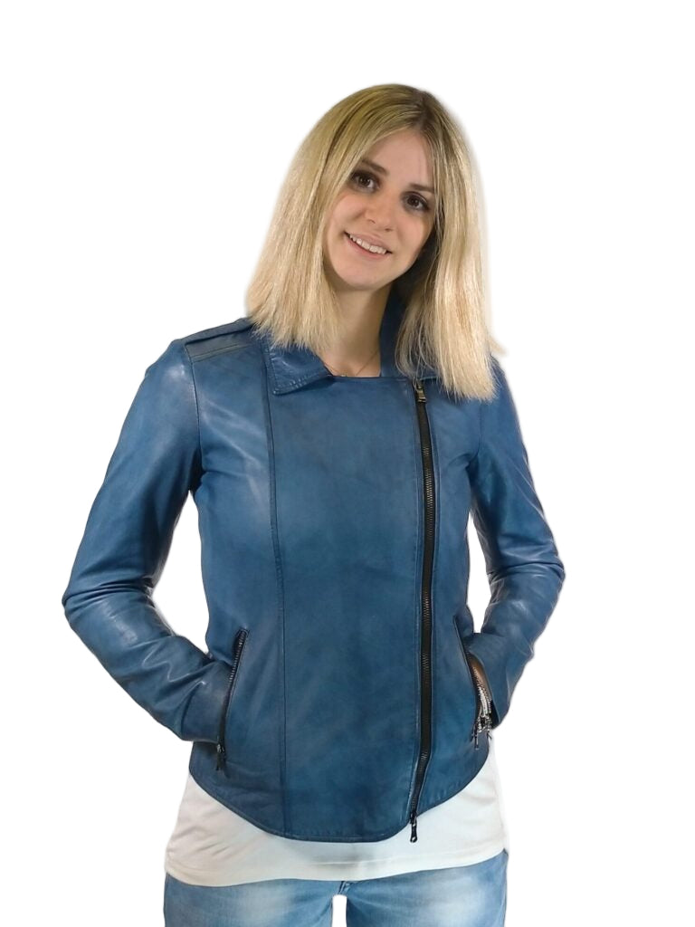 Giacca in pelle donna Grease tuscany tamponata a mano pelletteria allegrini bluette
